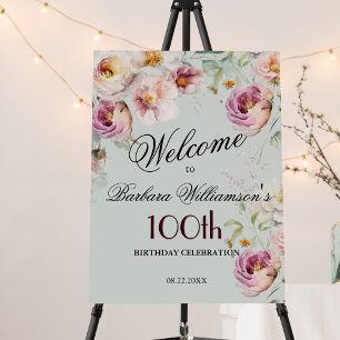 *Elegant Watercolor Floral 100th Birthday Welcome  Foam Board