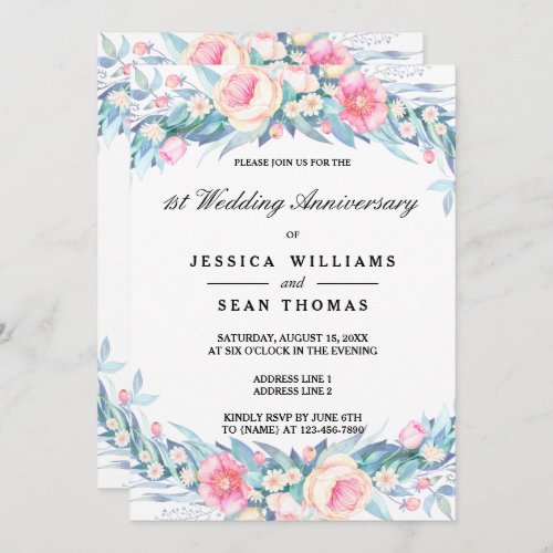 Elegant Watercolor Floral 1st Wedding Anniversary Invitation