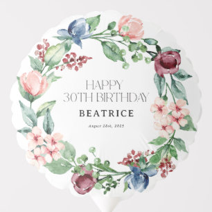 Elegant Watercolor Floral 30th Birthday Balloon