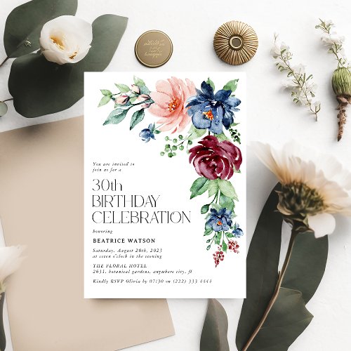 Elegant Watercolor Floral 30th Birthday  Invitation