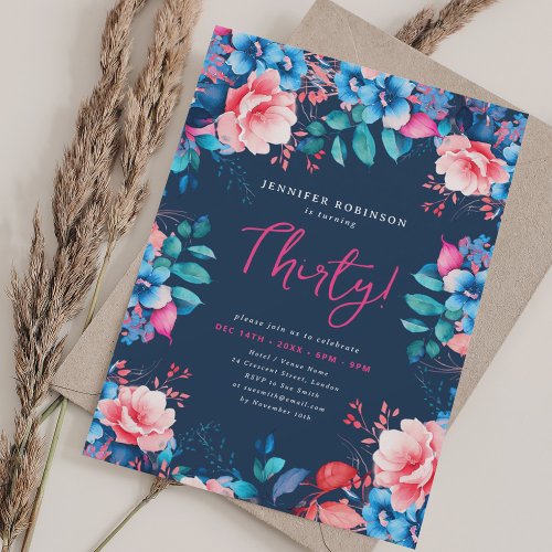 Elegant Watercolor Floral 30th Birthday Navy Invitation