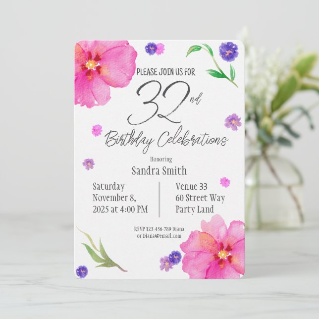 Elegant Watercolor Floral 32nd Birthday Invitation (Standing Front)