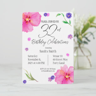 Elegant Watercolor Floral 32nd Birthday Invitation