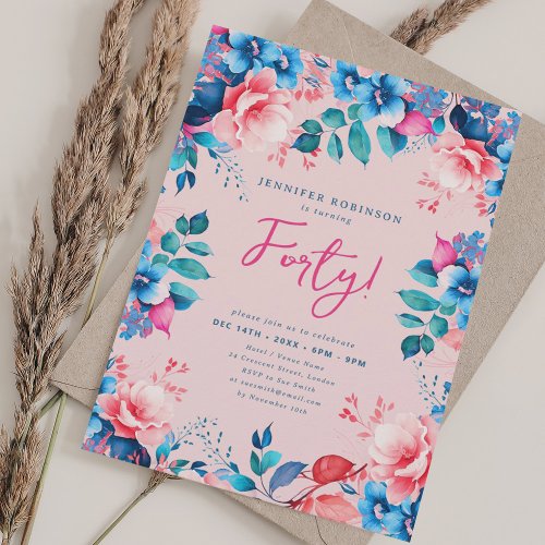 Elegant Watercolor Floral 40th Birthday Blush  Invitation