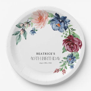 Elegant Watercolor Floral 40th Birthday Paper Plates