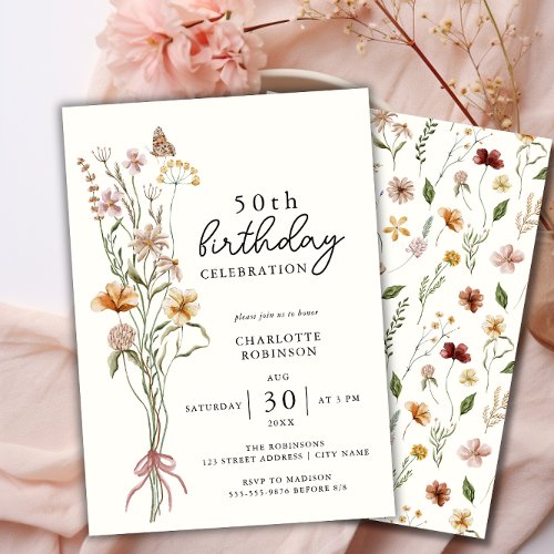 Elegant Watercolor Floral 50th Birthday Invitation