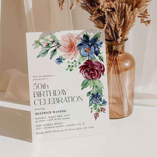 Elegant Watercolor Floral 50th Birthday  Invitation