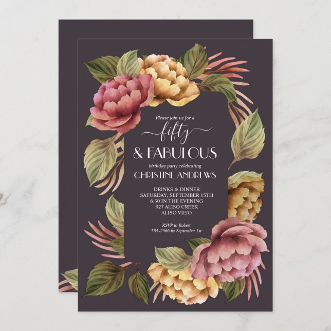 Elegant Watercolor Floral 50th Birthday Party Invitation (Front/Back)