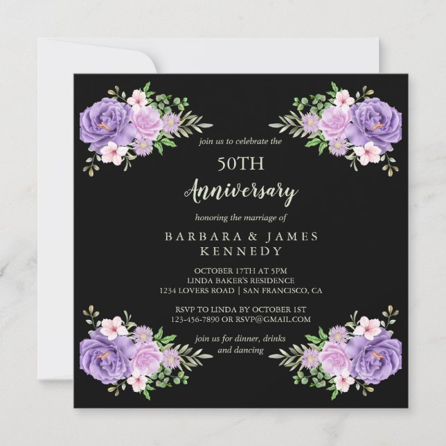 Elegant Watercolor Floral 50th Wedding Anniversary Invitation (Front)