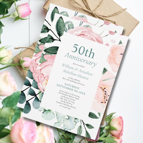 Elegant Watercolor Floral 50th Wedding Anniversary Invitation