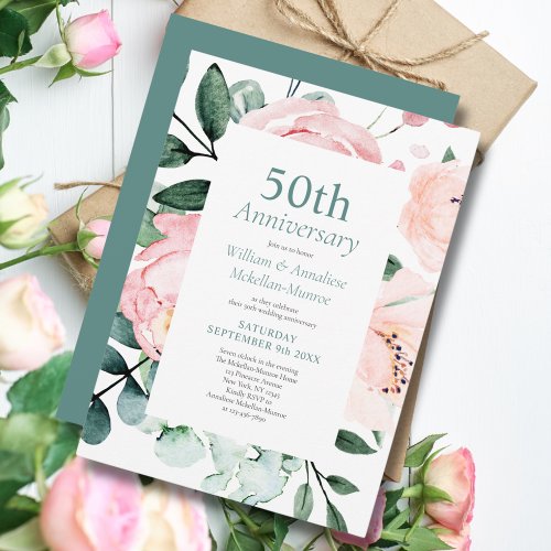 Elegant Watercolor Floral 50th Wedding Anniversary Invitation