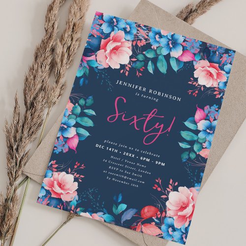 Elegant Watercolor Floral 60th Birthday Navy  Invitation