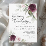 Elegant Watercolor Floral 70th Birthday Invitation<br><div class="desc">Celebrate a special milestone birthday with this beautiful 70th birthday party invitation. It features elegant floral borders in burgundy and pink roses on each side of the elegantly placed text. Colors include pale blush pink, deep burgundy red and plum mixed with ethereal greenery and tiny white accent flowers. Personalize the...</div>