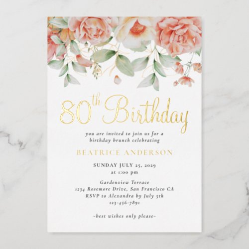 Elegant Watercolor Floral 80th Birthday  Foil Invitation