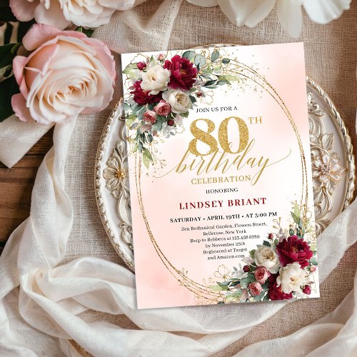 Elegant Watercolor Floral 80th Birthday Gold 