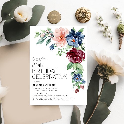 Elegant Watercolor Floral 80th Birthday  Invitation