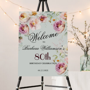 Elegant Watercolor Floral 80th Birthday Welcome Foam Board