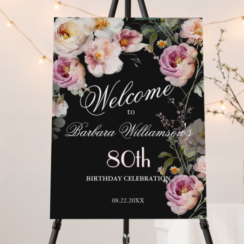 Elegant Watercolor Floral 80th Birthday Welcome Foam Board