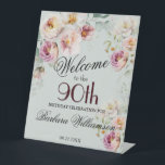Elegant Watercolor Floral 90th Birthday Welcome  Pedestal Sign<br><div class="desc">Elegant Watercolor Floral 90th Birthday Party Welcome Sign -- This lovely watercolor floral 90th (or Any Year) Birthday Painted Watercolor Floral Welcome poster is a special design choice to set the tone for your birthday celebration. For any design question or additional customization and / or matching items, just send a...</div>