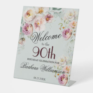 Elegant Watercolor Floral 90th Birthday Welcome Pedestal Sign
