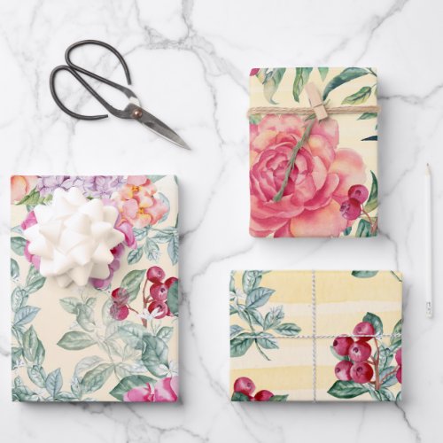 Elegant Watercolor Floral and Berries Assorted Wrapping Paper Sheets