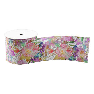 Elegant watercolor floral and dotted brush strokes grosgrain ribbon