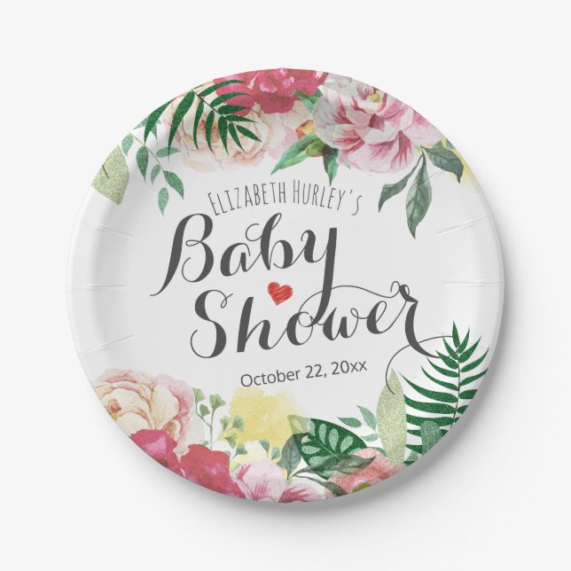Elegant Watercolor Floral Baby / Bridal Shower Paper Plates (Front)