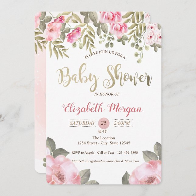 Elegant Watercolor Floral Baby Shower Invitation (Front/Back)