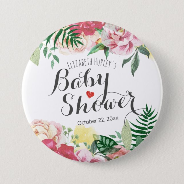 Elegant Watercolor Floral Baby Shower Pinback Button (Front)