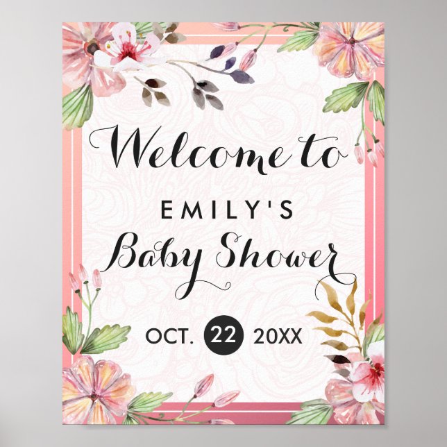 Elegant Watercolor Floral Baby Shower Welcome Sign (Front)