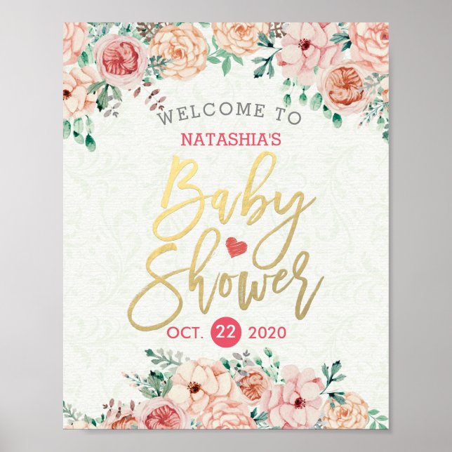 Elegant Watercolor Floral Baby Shower Welcome Sign (Front)