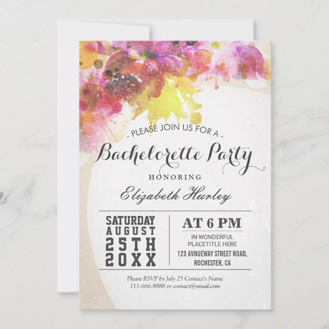 Elegant Watercolor Floral Bachelorette Party invit Invitation (Front)
