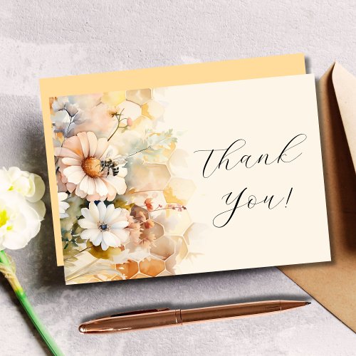 Elegant Watercolor Floral Bee Flat Thank You Card