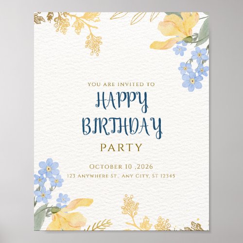 Elegant Watercolor Floral Birthday Party Invitatio Poster