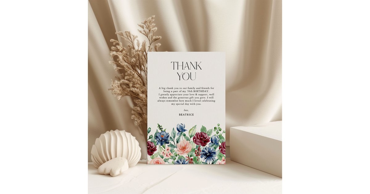 Elegant Watercolor Floral Birthday Thank You Card | Zazzle