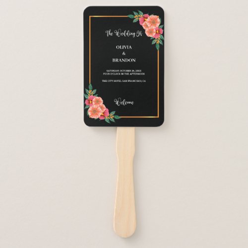 Elegant Watercolor Floral Black and White Wedding Hand Fan
