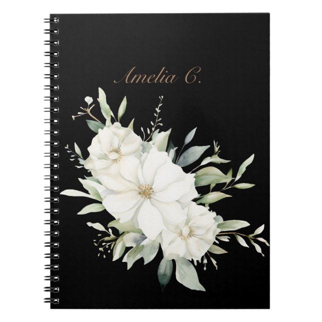 Elegant Watercolor Floral Black  Notebook (Front)