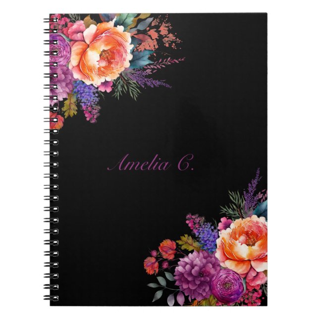 Elegant Watercolor Floral Black Notebook (Front)