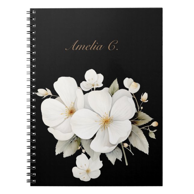 Elegant Watercolor Floral Black Notebook (Front)