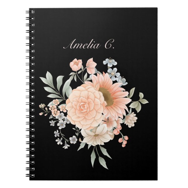 Elegant Watercolor Floral Black Notebook (Front)