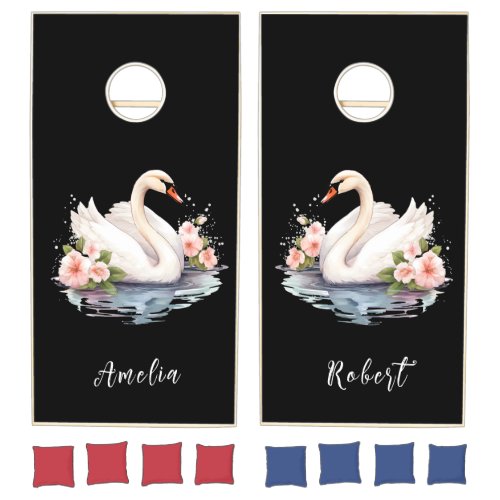 Elegant Watercolor Floral Black Swan Couple Love Cornhole Set