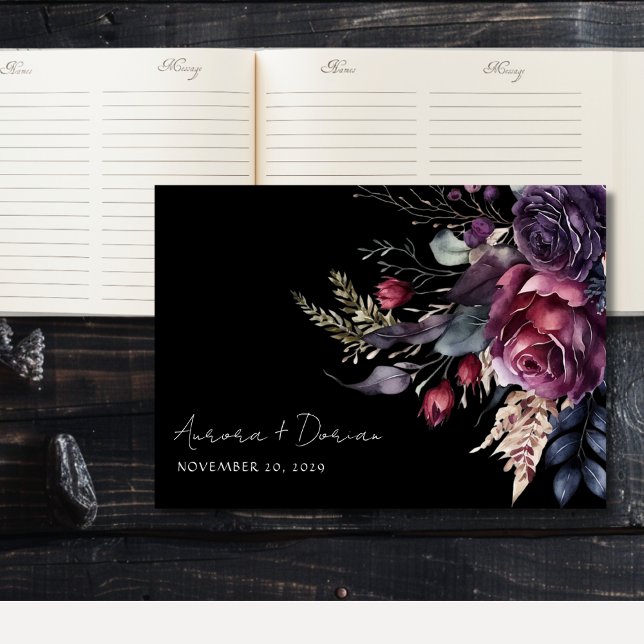 Elegant Watercolor Floral Black Wedding Guest Book (Creator Uploaded)