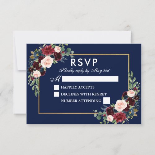 Elegant Watercolor Floral Blue Burgundy Wedding RSVP Card