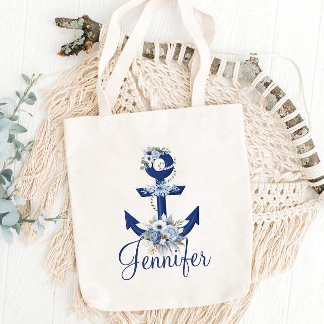 elegant watercolor floral blue nautical name tote bag (Creator Uploaded)