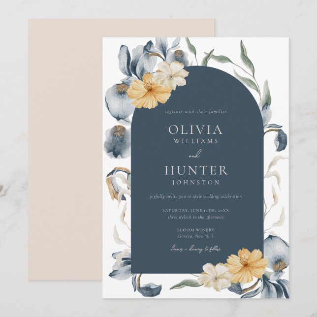 Elegant Watercolor Floral Blue Wedding Invitation (Front/Back)