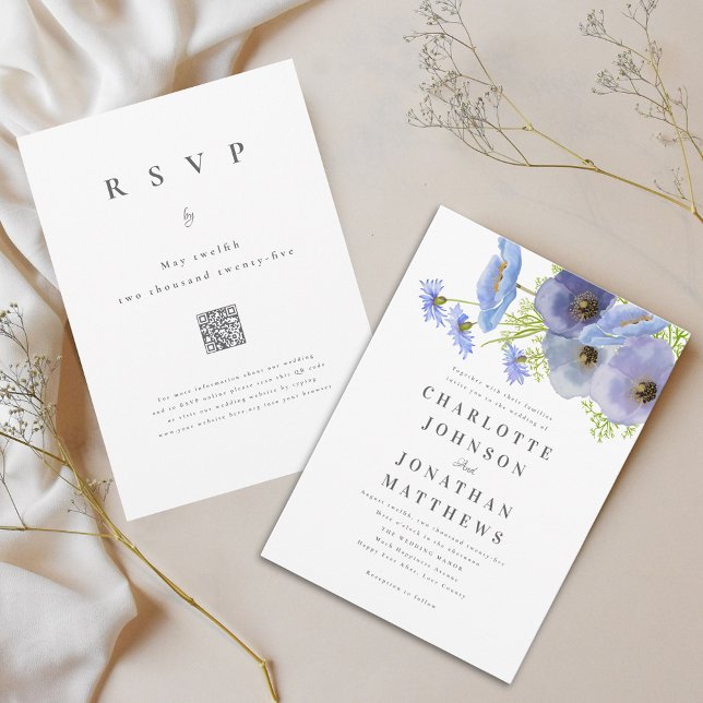 Elegant Watercolor Floral Blue Wedding Qr Code Invitation (Elegant watercolor wildflower blue floral bouquet wedding QR code invitation)