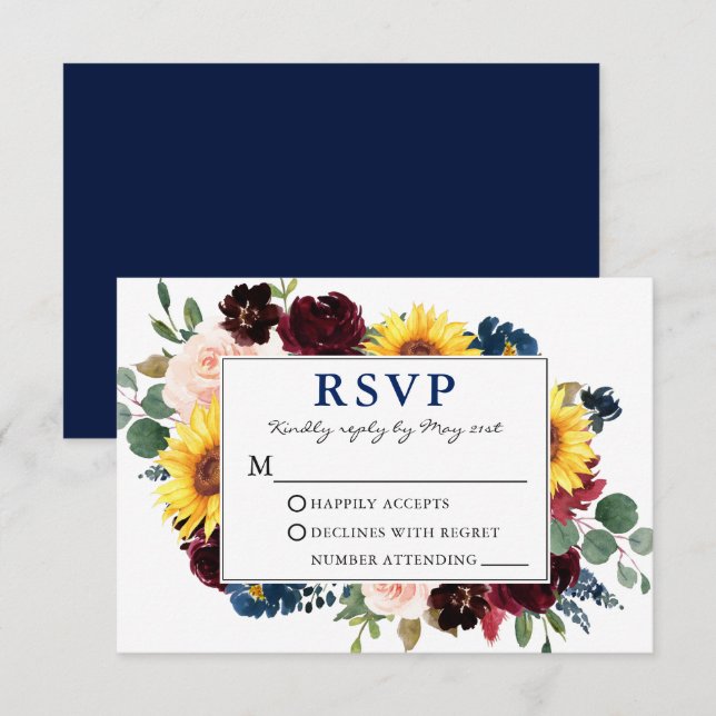 Elegant Watercolor Floral Blue Wedding RSVP (Front/Back)