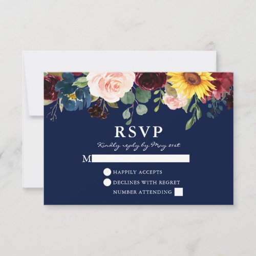 Elegant Watercolor Floral Blue Wedding RSVP Card