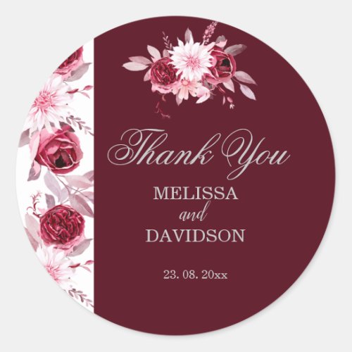 Elegant Watercolor Floral Blush Burgundy Wedding Classic Round Sticker