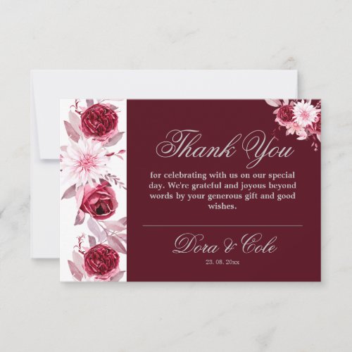 Elegant Watercolor Floral Blush Burgundy Wedding  Thank You Card